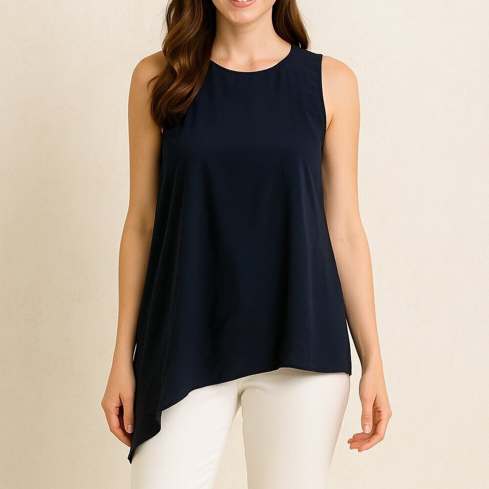 💐 The Alicia‎ Navy Blue Asymmetrical Flowy Sleeveless Blouse